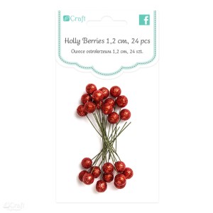Owoce ostrokrzewu 1,2 cm czerwone brokat 24 szt.