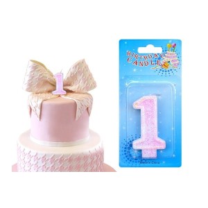 Świeczka urodzinowa 1 Różowa z brokatem