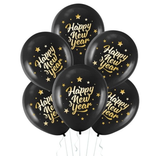 Balon 30cm  Happy New Year czarny 6szt