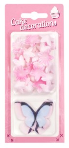 Motyle z kwiatkami różowe waflowe motylki kwiatki zestaw dekoracja na tort opakowanie