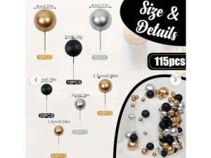 Zestaw ozdób do dekoracji na tort kulki kuleczki złote czarne srebrne 115 sztuk