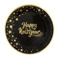 Talerzyki papierowe 18cm Happy New Year czarny 6s