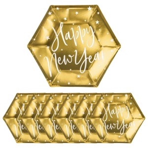 Talerzyki papierowe Happy New Year, złoty, 20cm