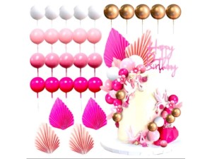 Zestaw ozdób do dekoracji na tort kulki kuleczki wachlarze różowe złote białe 29 sztuk