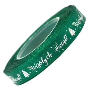 Wstążka nadruk Wesołych Świąt Zielona 12mm x 22,5m
