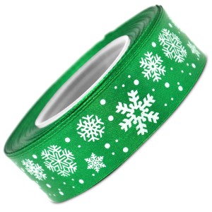 Wstążka nadruk Śnieżynki Zielona 25mm x 22,5m