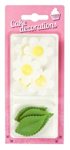 Niezapominajki kwiatki białe liście zielone waflowe zestaw dekoracja na tort opakowanie