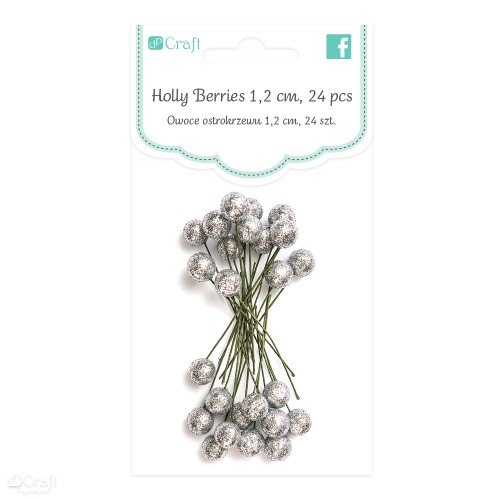 Owoce ostrokrzewu 1,2 cm srebrne brokat 24 szt.