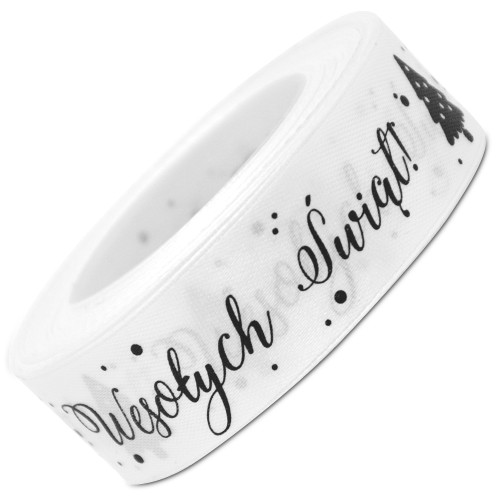 Wstążka nadruk Wesołych Świąt Biała 25mmx22,5m
