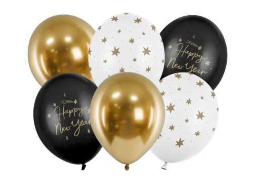 Balony 30 cm, Happy New Year mix 6 sztuk sylwester