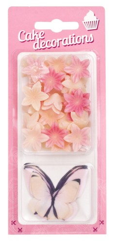 Motyle z kwiatkami ombre waflowe motylki kwiatki zestaw dekoracja na tort opakowanie