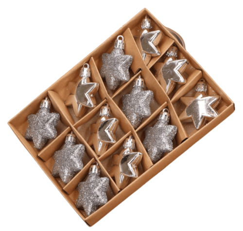 Gwiazdki Bombki plastikowe srebrne 5cm 12 szt nietłukące zawieszki do stroika choinkowe na choinkę