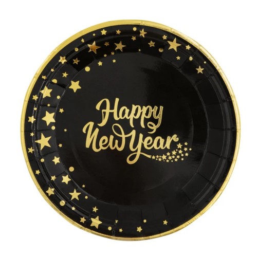Talerzyki papierowe 18cm Happy New Year czarny 6s