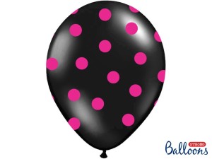 Balon Kropki Różowe Czarny 30 cm - na sztuki